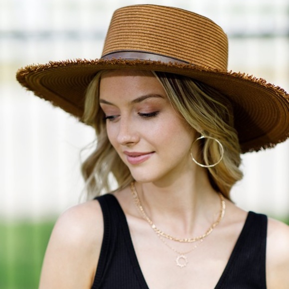 SOLD OUT Brown Straw Wide Brim w/ Frayed Edge Sun Beach Vacation Summer Women's - Picture 2 of 7